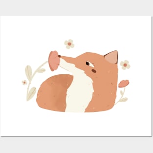 Fox smelling flowers Posters and Art